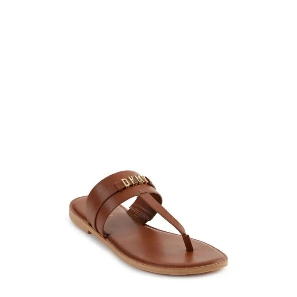 Dkny "Sania" brown thong sandals women sz 6 gold Logo